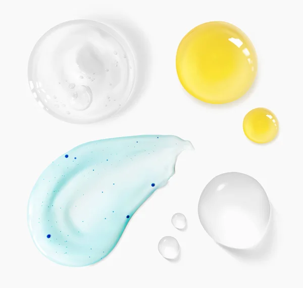 Esfregue, óleo cosmético, gel de aloe vera claro e soro hidratante transparente cai 3d ilustração vetorial realista. Produto de beleza cosmética pura — Vetor de Stock