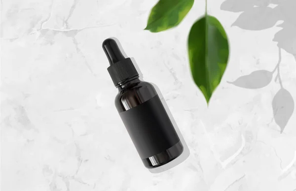 Serum bottle with pipette and defocused leaves on luxury marble background 3d realistic vector illustration, top view — стоковый вектор