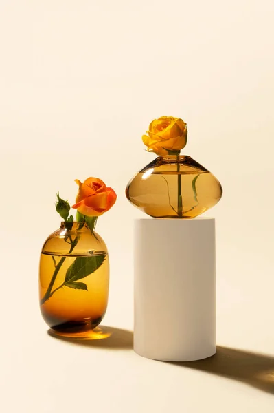 Roses in glass vases and white cylinder podium on beige background — Foto de Stock