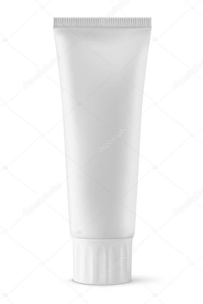 White toothpaste tube realistic 3d vector illustration isolated. Blank cosmetic tube mockup standing. Health care pack design mock-up. Empty plastic