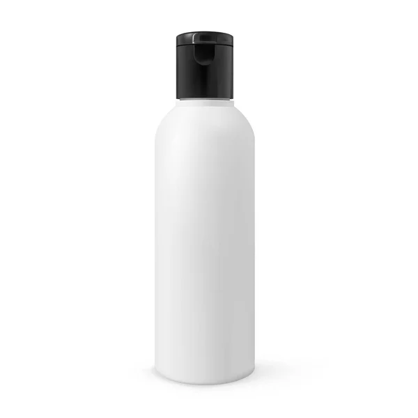 Realistico modello di bottiglia cosmetica isolato su sfondo bianco. Plastica bianca con tappo nero prodotto di bellezza contenitore 3D vettoriale illustrazione — Vettoriale Stock