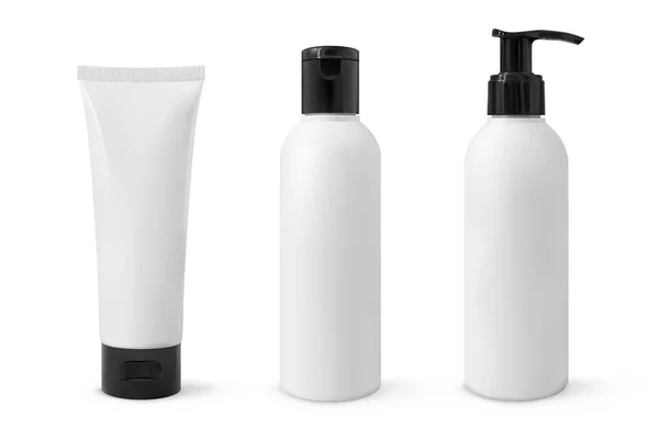 Set di tubi cosmetici realistici mockup isolato. 3d vettoriale illustrazione bellezza prodotto contenitori di plastica bianca — Vettoriale Stock