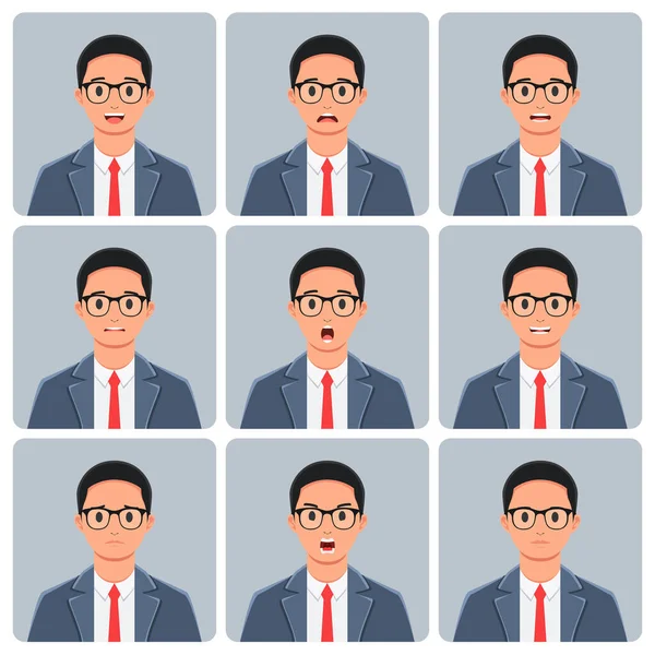 Businessman Character Designs Various Expressions Happy Angry Wearing Glasses Bundle — Stock Vector