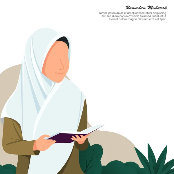 女性が笑顔でコーランを読んでいます ロゴやブランドのテキストなどのための植物や空のスペースがあります — ストックベクタ