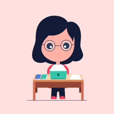 Gözlüklü kız dizüstü bilgisayara baktı. Dört kitap ve bir sayfa kağıt var. Masada. düz biçim vektör illüstrasyonu