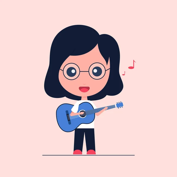戴眼镜的女孩一边唱歌一边拿着吉他 面带微笑地向前看 平面样式矢量图解 — 图库矢量图片