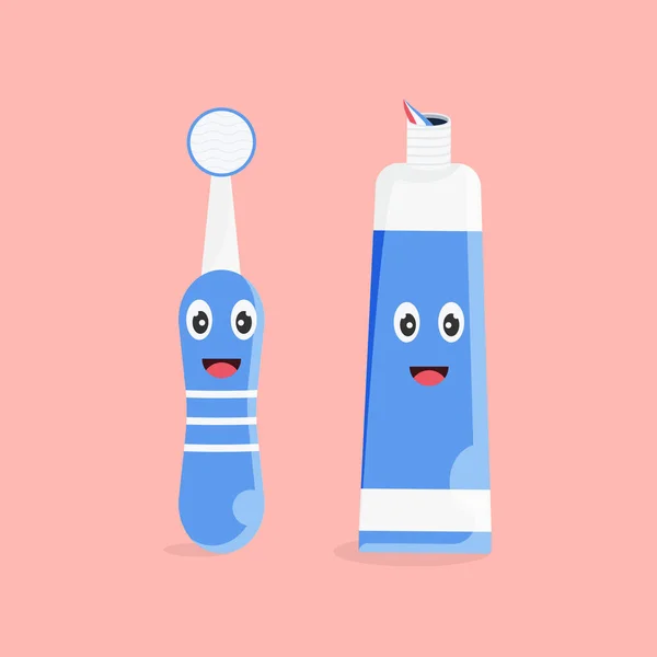 Toothpaste Toothbrush Character Designs Happy Funny Face — Stock Vector