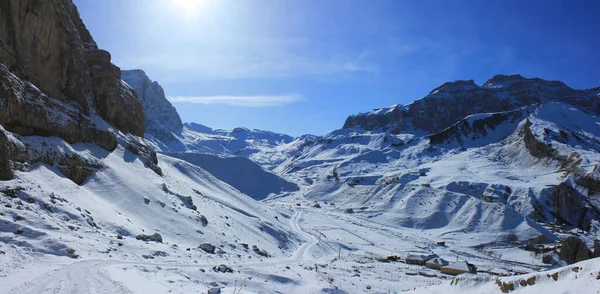 Azerbaijan. Beautiful snow-capped mountains, the village of Laza.