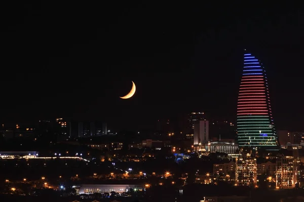 Baku City Azerbaijan 2020 Year Beautiful Moonset City — Stock Photo, Image