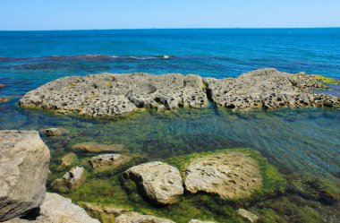 Hazar Denizi 'nin Rocky kıyısında. Mardakan. Azerbaycan.