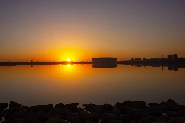 Bakú Azerbaiyán 2020 Estadio Olímpico Amanecer Junto Lago — Foto de Stock