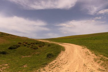 Dağlara giden toprak bir yol. Shemakha. Azerbaycan.