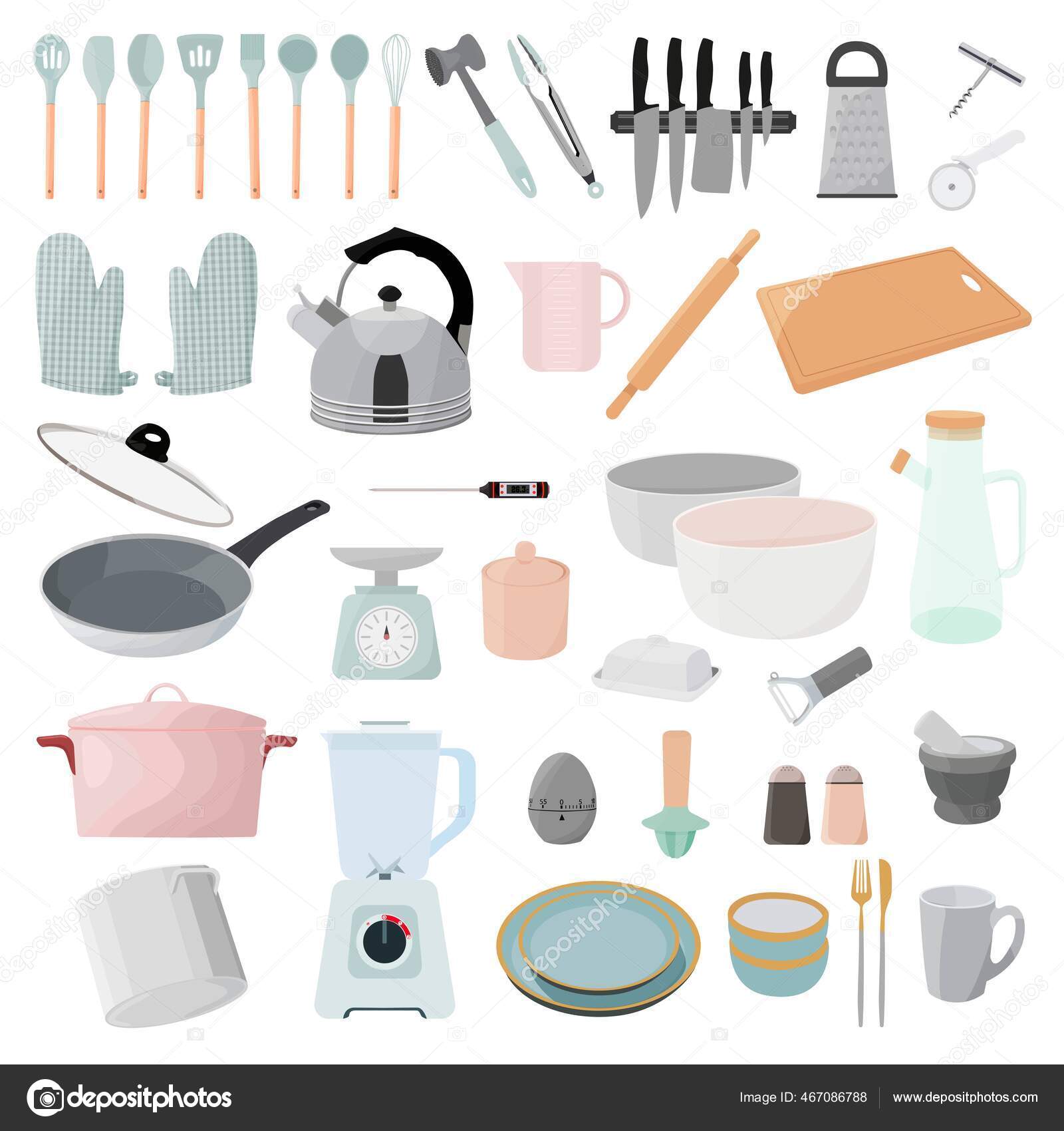 Colección plana de vector de objetos de cosas de cocina