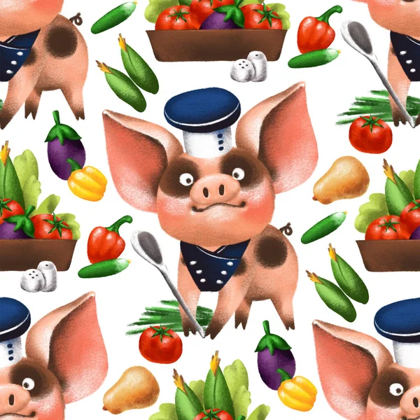 Vegan chef pig with various vegetables - seamless pattern