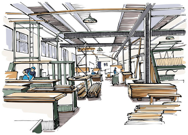 Interior view of a carpenter's workshop - hand drawn sketch