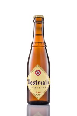 Westmalle Tripel Trappist beyaz bir arka plan üzerinde izole şişe.