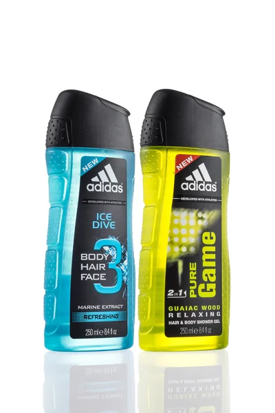 Two bottles of Adidas shower gel on a white background. — Stock Photo, Image