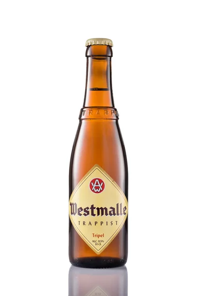 Flasche Westmalle Tripel Trappist isoliert auf weißem Hintergrund. — Stockfoto