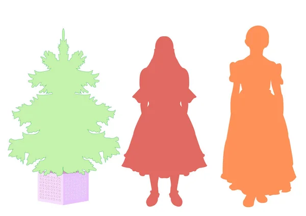 Silhouet Van Een Meisje Meisjes Vrouwen Avondjurk Een Kerstboom Screensaver — Stockvector