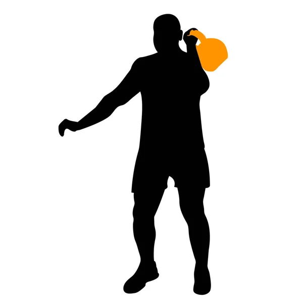 Silhouette Weightlifter Standing Position Kettlebell Weight Lifting Flat Style Training — Stock Vector