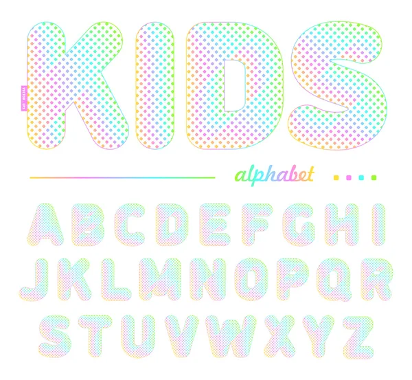 Een vrolijke kinderen lettertype met gekleurde stippen gebruikt in onderwijs, reclame, ontwerp winkels en ansichtkaarten voor de feestdagen. Vectorillustratie. — Stockvector