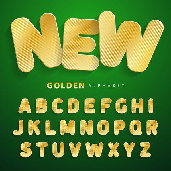 Gold striped texture ABC. Stickers alphabet. Gold font Imitating cardboard, paper surfaces. For a wide use in advertising and web. Suitable for posters, banners, cards, shop. Vector illustration.