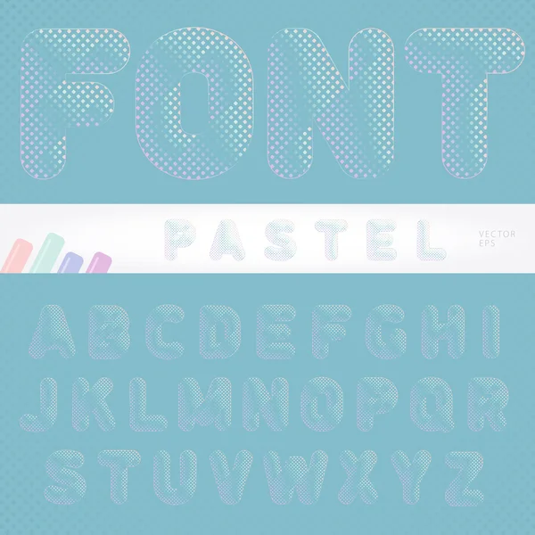 Gentle and attractive pastel font designed for all backgrounds with iridescent color of dots on the letters can be used for printed cards, tegs, labels. Vector illustration.