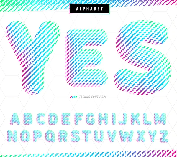 Moderne techno lettertype met een verloop van rode, groene en blauwe lijnen die modieus en goed op posters kijkt, banners van de stad en op de pagina's van een stijlvolle websites. Vectorillustratie. — Stockvector