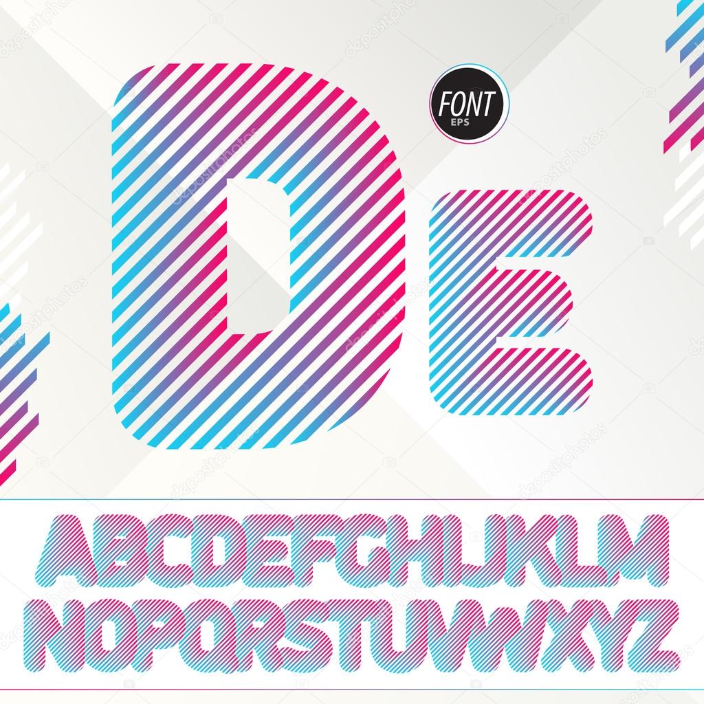 DJ style font. Striped colorful letters. Best to use for posters, cards, parties flyers, stylish invitation for events and web design. Vector illustration.