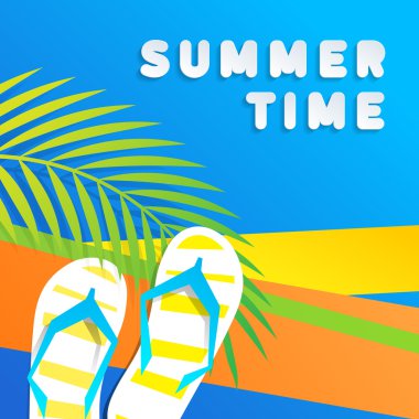 Yaz aylarında parmak arası terlik, tatil reklamı. En iyi broşür, posterler, web veya giyim ve yaz aktivite dişliler teşvik resim olarak kullanmak. Vektör çizimi.
