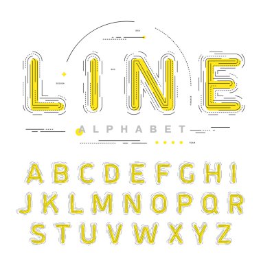 İnce çizgi alfabeyi sarıya doğru okşama. Parlak sarı modern yazı tipi düz doğrusal kavram. En iyi basit vektör malzeme tasarımı, web grafikleri, posterler veya reklam için kullanılır.