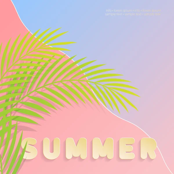 Vacaciones de verano abstractas en la playa. Texto en negrita Verano escrito en oro sobre fondo rosa y azul. Diseño de hoja de palma en ilustración vectorial. Mejor utilizado como invitación, tarjeta de felicitación o póster . — Vector de stock