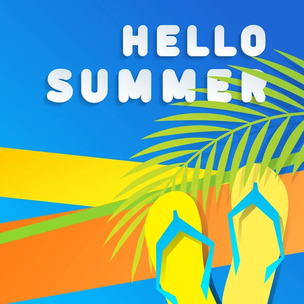 Merhaba yaz konsepti. Renkli bir arka plan üzerinde beyaz etiket metin, yaz aylarında parmak arası terlik, tatil ve giyim için reklam. Aksesuarlar üzerinde grafik baskı olarak kullanılabilir. Vektör çizimi — Stok Vektör
