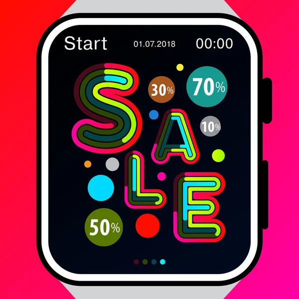 Wordの販売は、時計のディスプレイ上の割引価格と一緒に異なる色で書かれています。ベクトル図の現代的な概念。広告、ポスター、チラシ、テンプレートに最適です。. — ストックベクタ