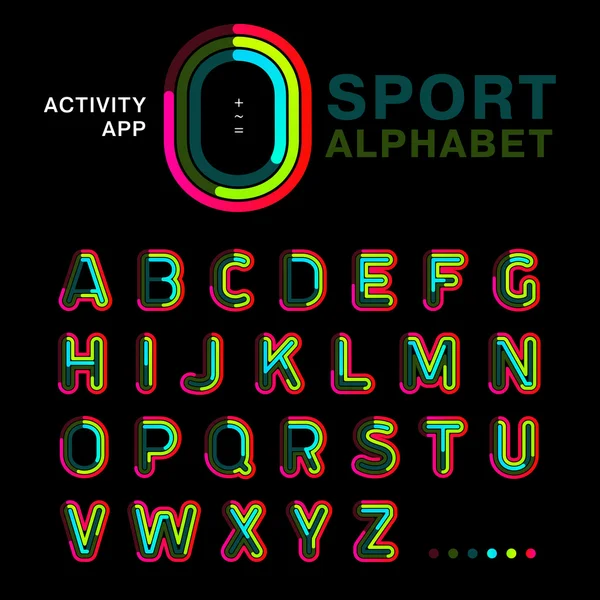 Ligne de police lumineuse et colorée écrite symétriquement sur un fond noir. Alphabet concept moderne à utiliser pour une activité d'application, une interface et un sport. Exemple d'illustration vectorielle . — Image vectorielle