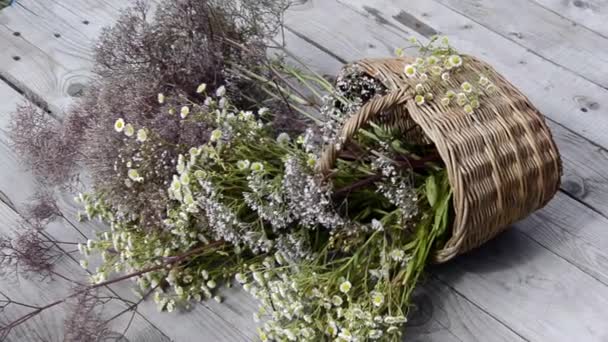 Een boeket wilde bloemen in een rieten mandje ligt op een houten achtergrond. Lichte wind. Grasveld van bloeiende kruiden op een zonnige dag. Zomer schilderachtig boeket. — Stockvideo