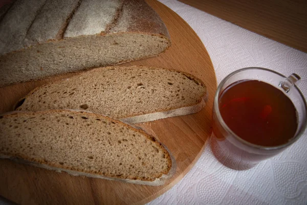 Pane Una Tazza Colazione Fette Pane Primo Piano Pane Segale — Foto Stock