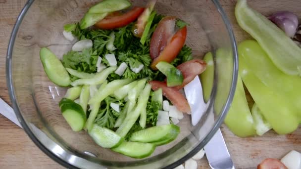 Болгарский перец, огурцы, чеснок и помидоры с травами разрезаются на ломтики и лежат в стеклянной чаше. Подготовка салата. Здоровые овощи, приготовленные для салата. Свежие овощи вымыты. — стоковое видео