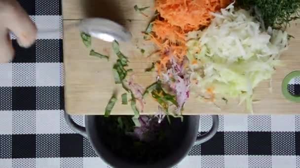 Женщина кладет нарезанные овощи в керамическое блюдо. Овощной салат из капусты, зелени, редиса, моркови и шпината. Диетические блюда. — стоковое видео