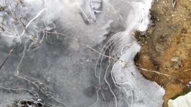 Su birikintilerinde buz. Çukurda su dondu. Hendekteki buzları ayağıyla kırıyor. Sonbahar ve baharda dondurucu soğuklar.