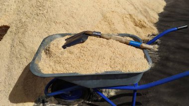 Kozalaklı tramvayla yakın plan talaş. Talaş yığılmış durumda. Bahçe arabasında ahşap atığı..