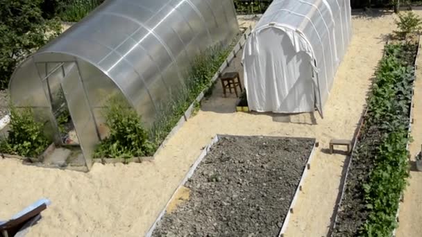 Gartenbeete neben dem Haus. Gewächshäuser von oben. Im Sommer und Frühjahr wachsen auf dem Land glatte Beete mit Gemüse und Sträuchern. Die Furchen zwischen den Bergrücken sind mit Sägemehl bedeckt. — Stockvideo