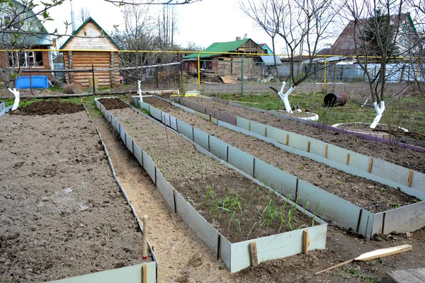 Camas Jardín Principios Primavera Comienzo Temporada Vacaciones Preparación Del Sitio —  Fotos de Stock