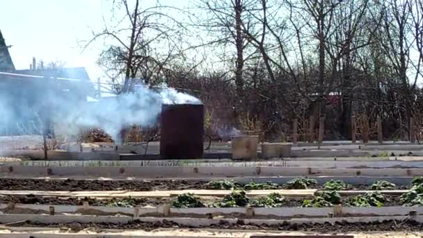 I bakgrunden finns tunnor med avfallsförbränning i. Röken kommer från en metallbehållare. Trädgårdssängar på bakgården. Grävde upp mark på åsarna för plantering av grönsaker och örter. — Stockvideo