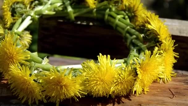 Dandelion wreath. Head ornament made of flowers. Yellow dandelions in the spring. — Stock Video