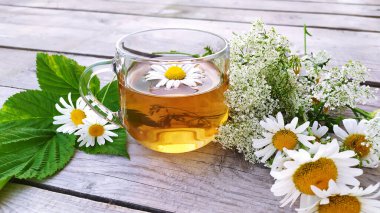 Cam bardakta papatya çayı. Papatya çayı ile şeffaf bir fincan ahşap bir arka planda durur. Çiçek arkaplan. Bir fincan aromatik çay, ahşap tahtaların üzerinde, güneş ışınlarının altında duruyor. Bir buket kır çiçeği ve ahududu yaprağı 