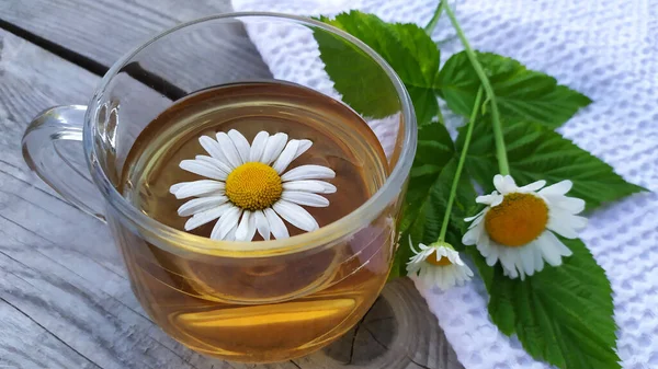 Chamomile Tea Flowers Cup Tea Wooden Background View — Stock Photo, Image
