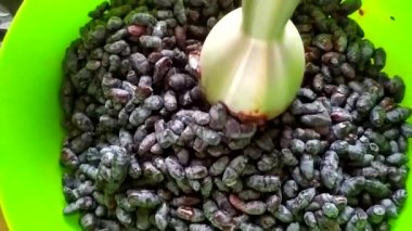 Hanımefendiyi patates püresinin içinde blenderla dövün. Yeşil bir tabakta böğürtlen püresi. Kış için böğürtlen topluyorum..