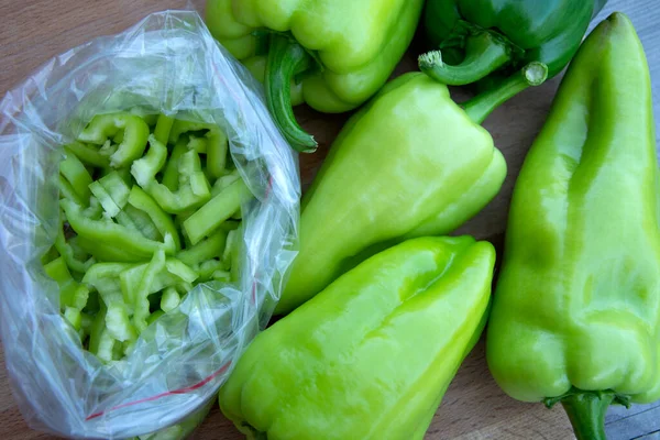 Bag Bell Peppers Cut Strips Freezing Fresh Vegetables Package Lie — Stock Photo, Image