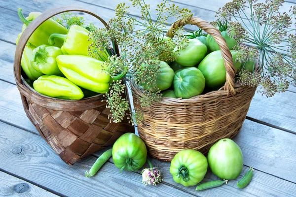 Vegetables Basket Close Wicker Baskets Filled Fresh Vegetables Dill Sprigs — Stock Photo, Image
